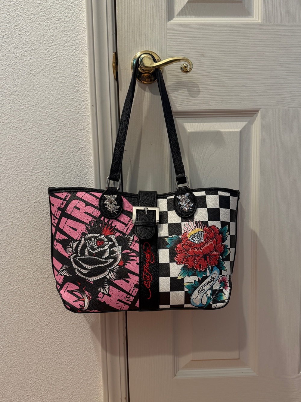 Ed Hardy Black & Pink Floral Checkered Tote Bag